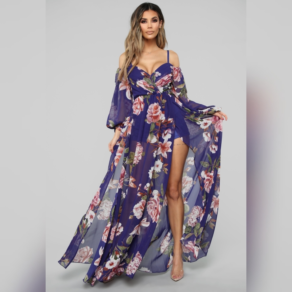 Fashion Nova - A Beautiful Creation Floral Maxi Dress - Navy - XS